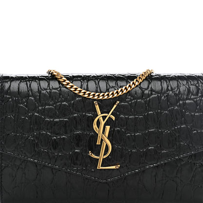 Saint Laurent Calfskin Crocodile Embossed Monogram Uptown Chain Wallet Black 10 of 13