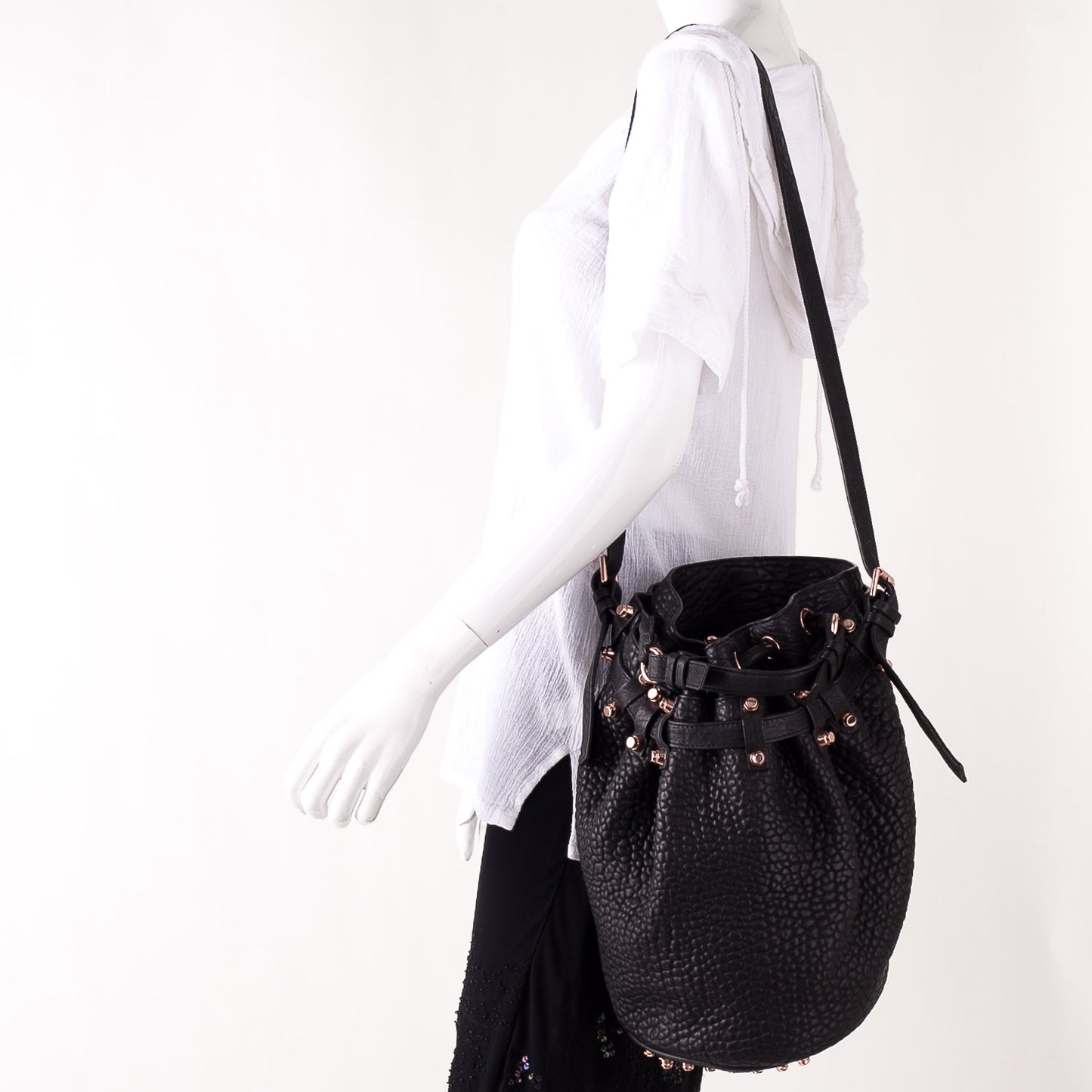 Leather Diego Bucket Bag w Rose Gold Hardware Black