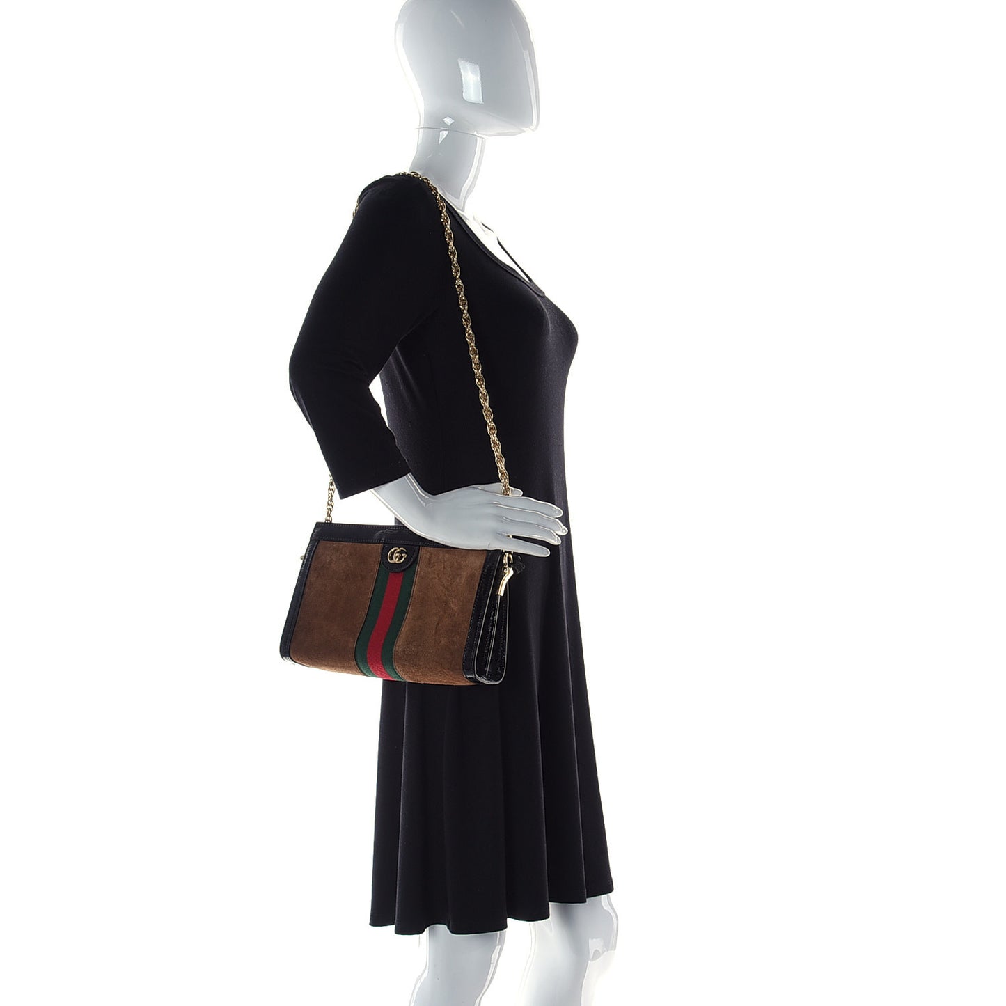 Suede Patent Web Small Ophidia Chain Shoulder Bag Nocciola Black