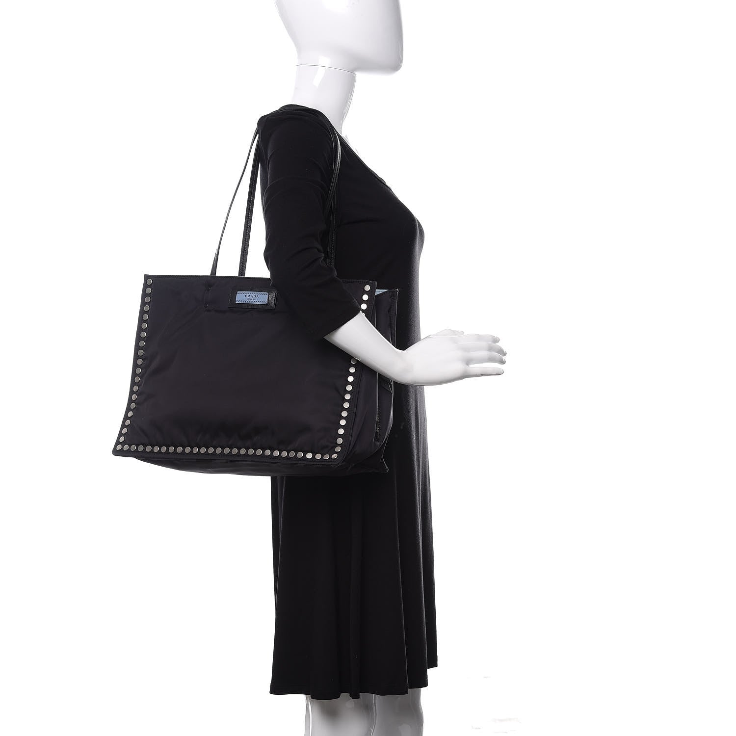 Prada Tessuto Nylon Etiquette Studded Tote Black Astrale 2 of 10
