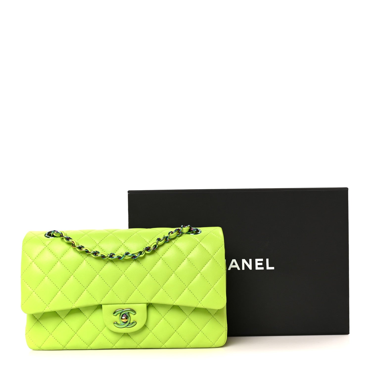 Chanel Lambskin Quilted Rainbow CC Medium Double Flap Neon Green Neon Green 12 of 12