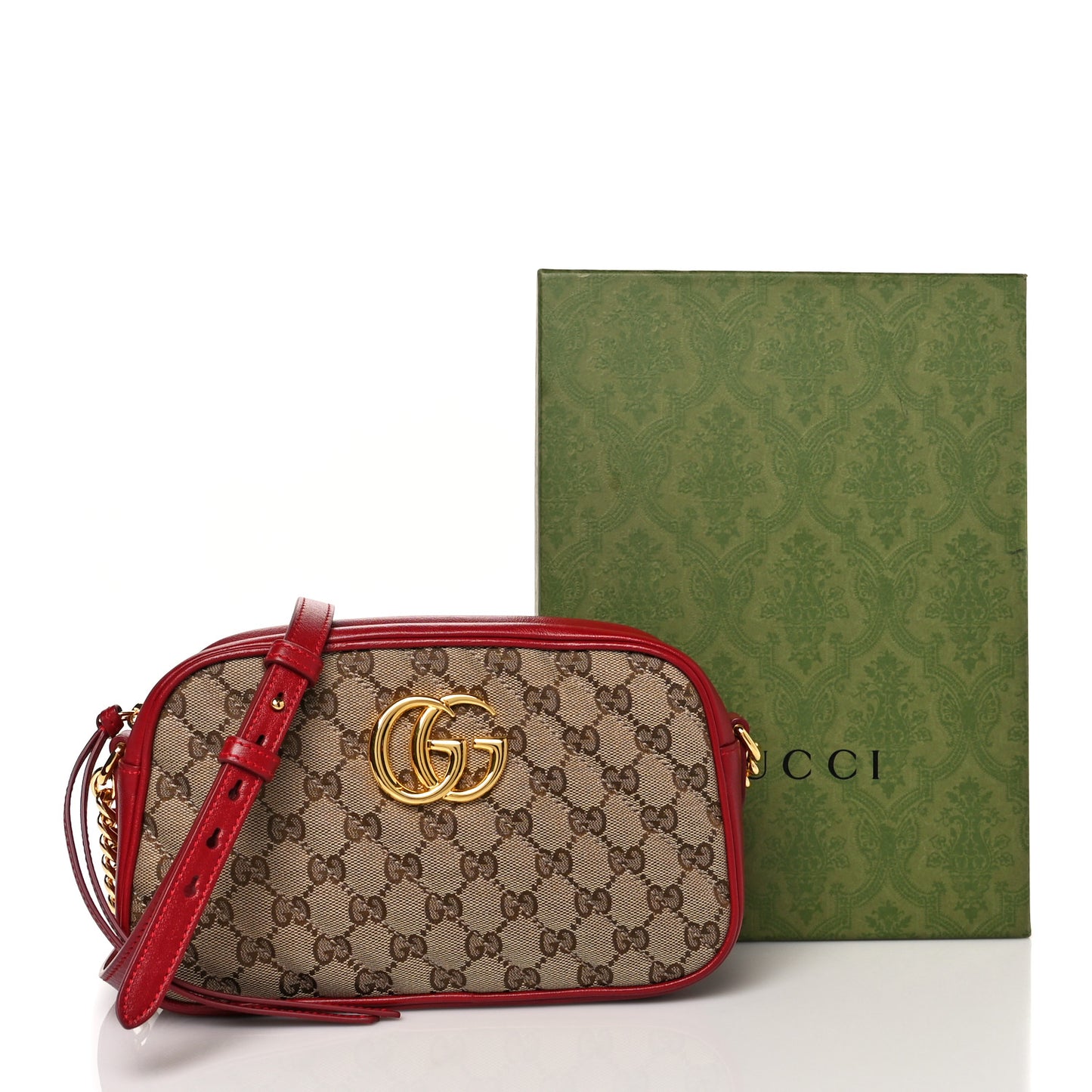 Monogram Azalea Calfskin Matelasse Diagonal Small GG Marmont Chain Shoulder Bag Beige Ebony New Cherry Red