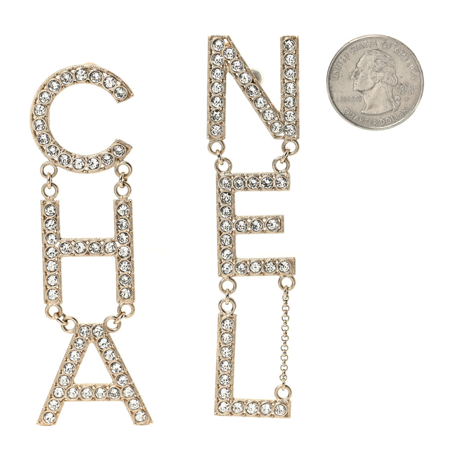 Chanel Crystal Cha-Nel Logo Drop Earrings Gold 2 of 4