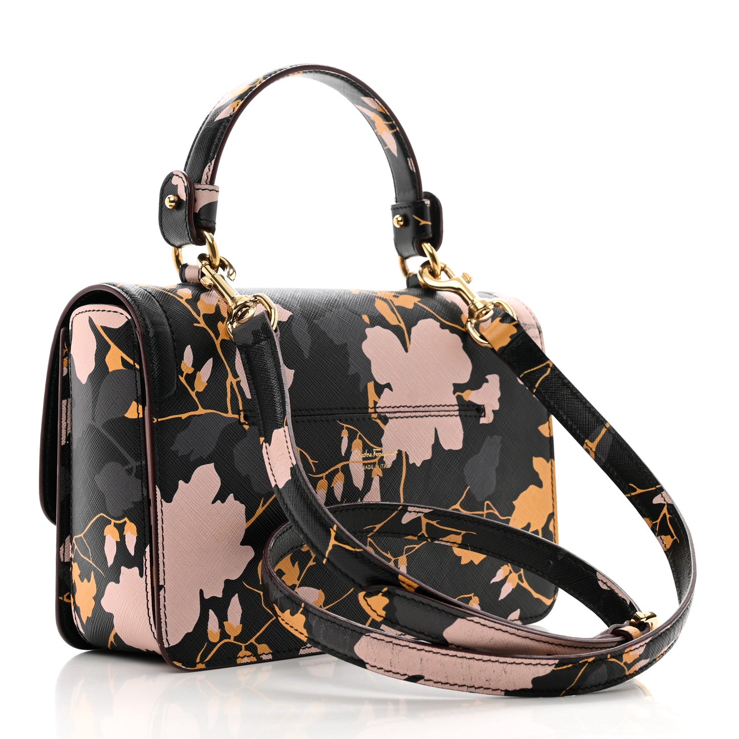 Hammered Calfskin Floral Printed Seila Top Handle Crossbody Bag Black Multicolor