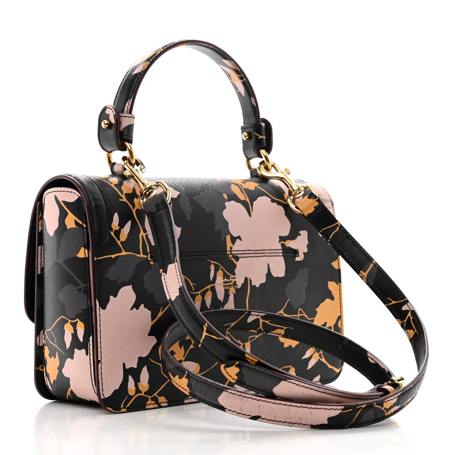 Salvatore Ferragamo Hammered Calfskin Floral Printed Seila Top Handle Crossbody Bag Black Multicolor 3 of 10