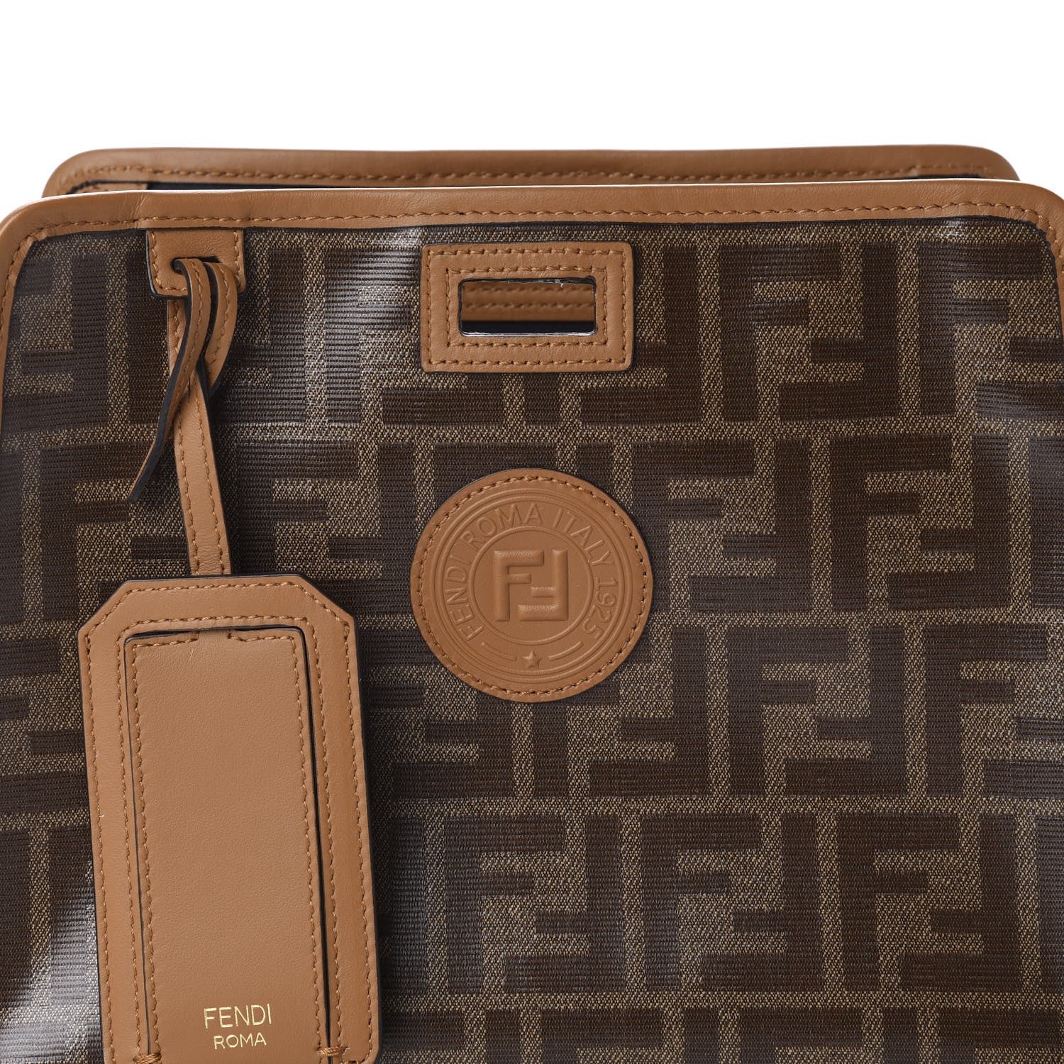 Fendi Glazed Fabric Vitello Century FF 1974 Stamp Patch Mini Peekaboo Defender Cover Mogano Panna Caramello 11 of 12