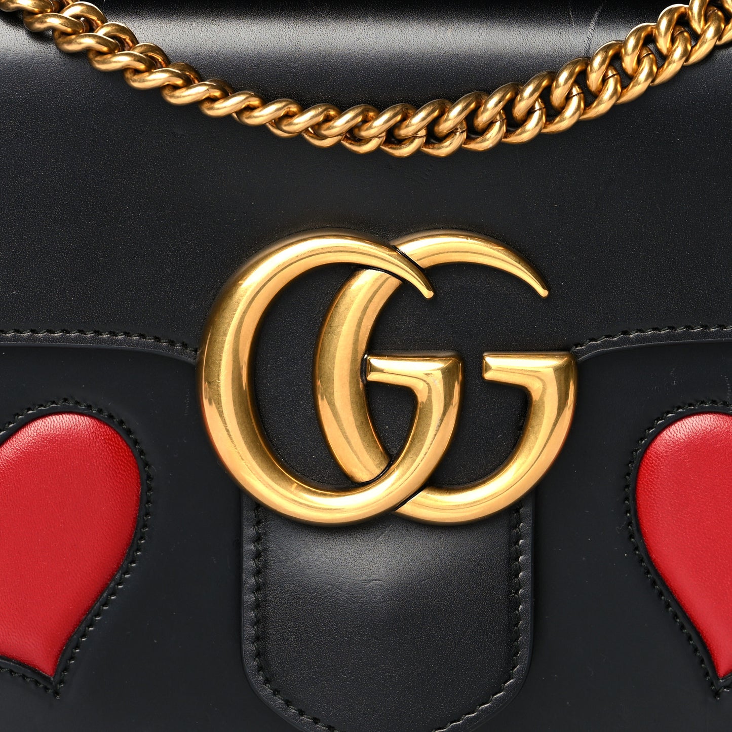 Knight Calfskin Malaga Kid Heart Medium GG Marmont Chain Handle Bag Black Hibiscus Red Multicolor