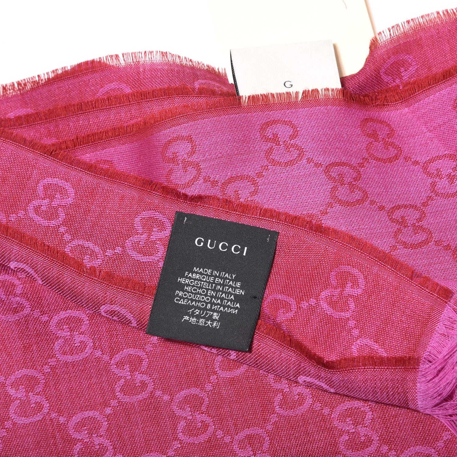 Gucci Wool Silk GG Monogram GGWeblong Fringe Scarf Shawl Red Pink 4 of 5