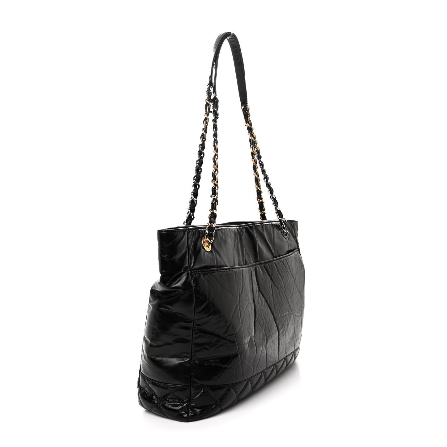 Shiny Aged Calfskin Quilted Large Shopping Bag Black