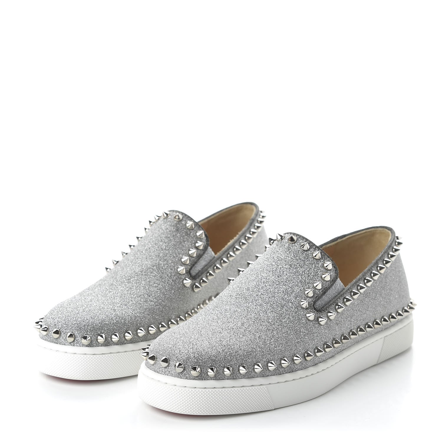Christian Louboutin Calfskin Spikes Pik Boat Glitter Sneakers 36.5 Silver 3 of 8