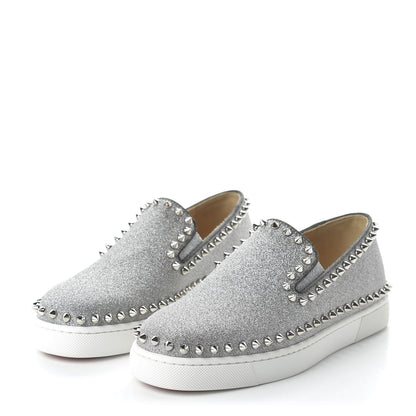 Christian Louboutin Calfskin Spikes Pik Boat Glitter Sneakers 36.5 Silver 3 of 8