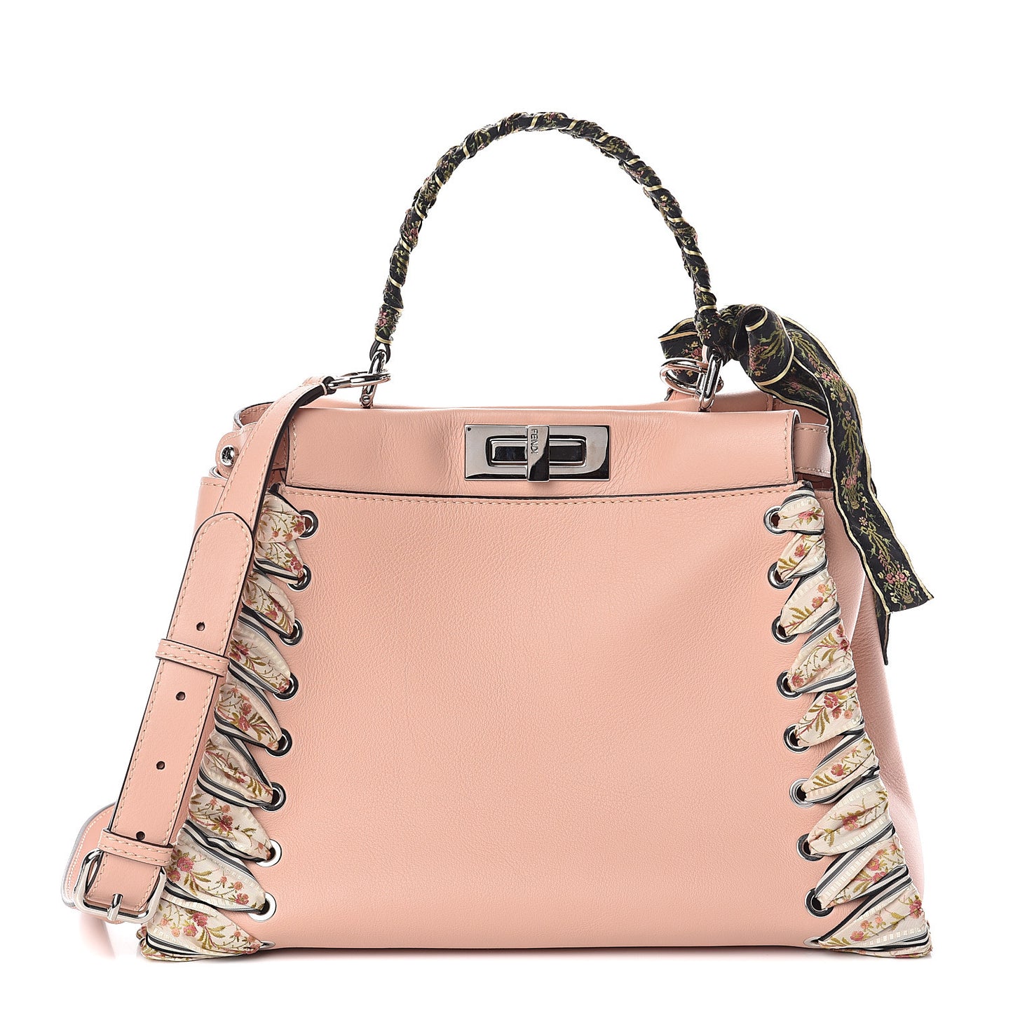 Vitello Seta Shiny Nappa Ribbon Lace Up Floral Medium Peekaboo Iconic Satchel Baby Pink Multicolor
