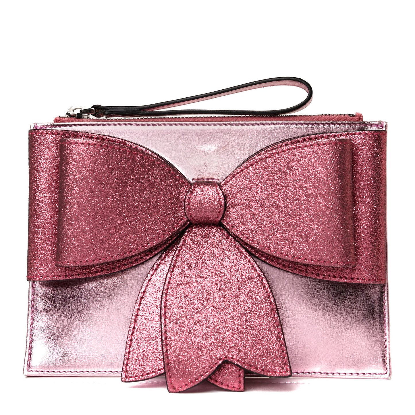 Calfskin Glitter Bow Wristlet Pink Rose