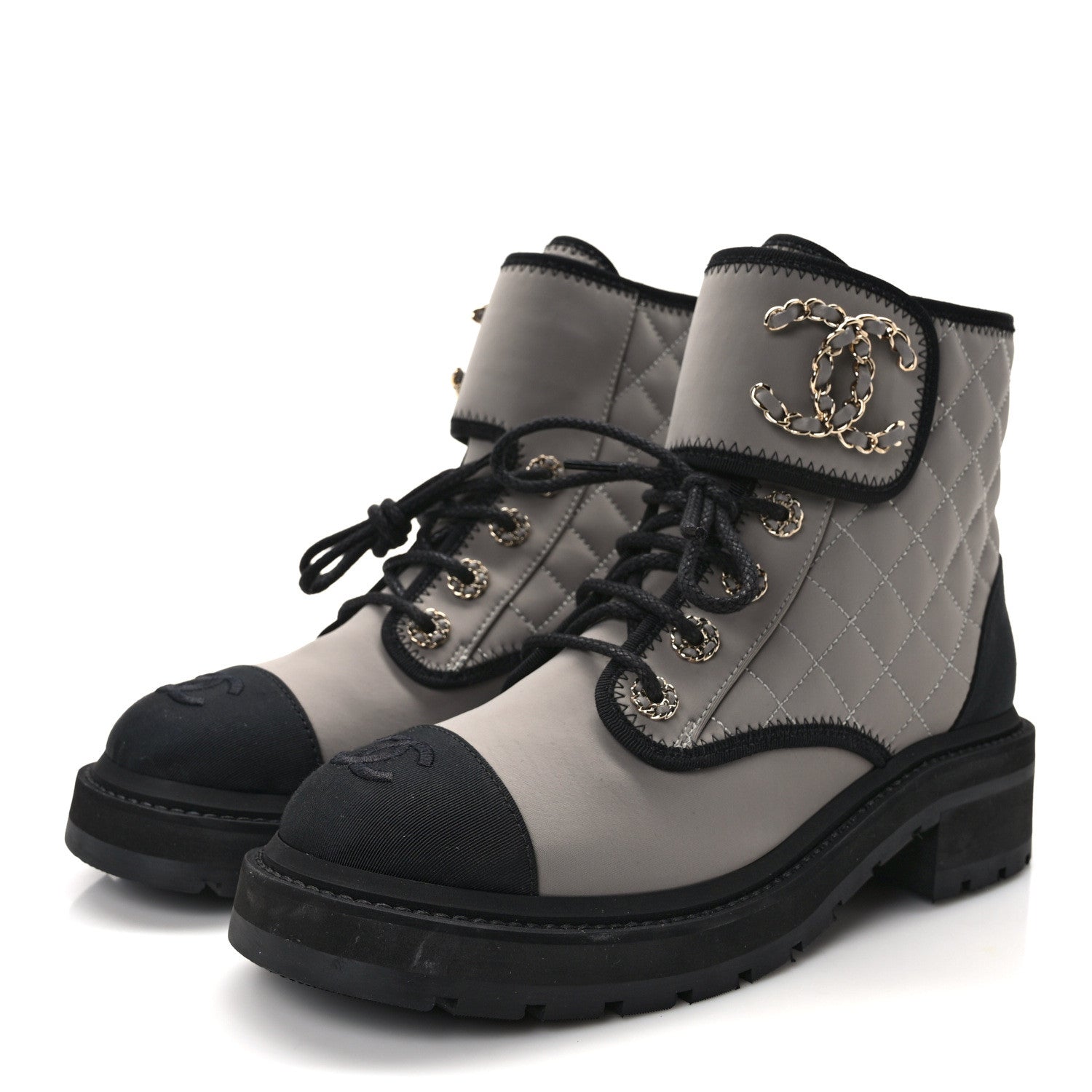 Chanel Fabric Grosgrain Quilted Cap Toe Lace Up Combat Boots 38 Gray 3 of 9