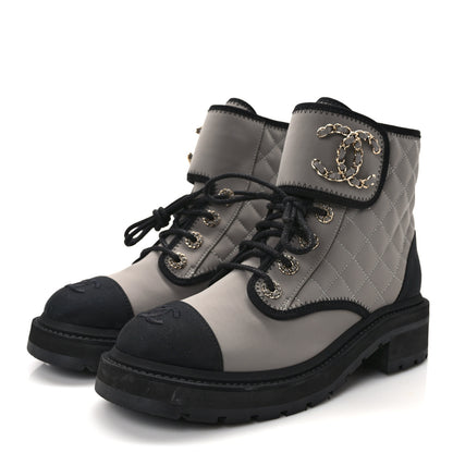 Chanel Fabric Grosgrain Quilted Cap Toe Lace Up Combat Boots 38 Gray 3 of 9