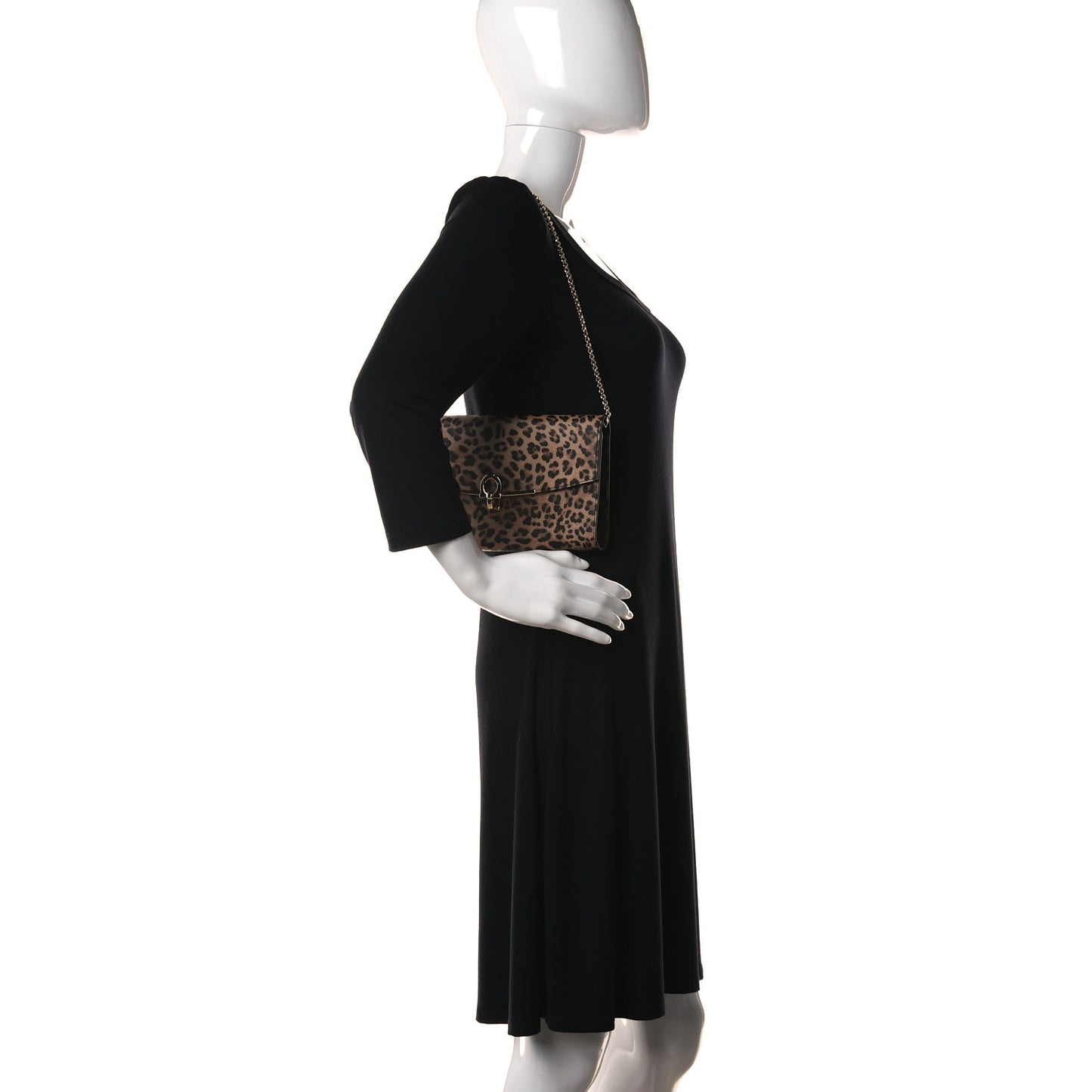 Grained Calfskin Leopard Print Gancio Shoulder Bag Black