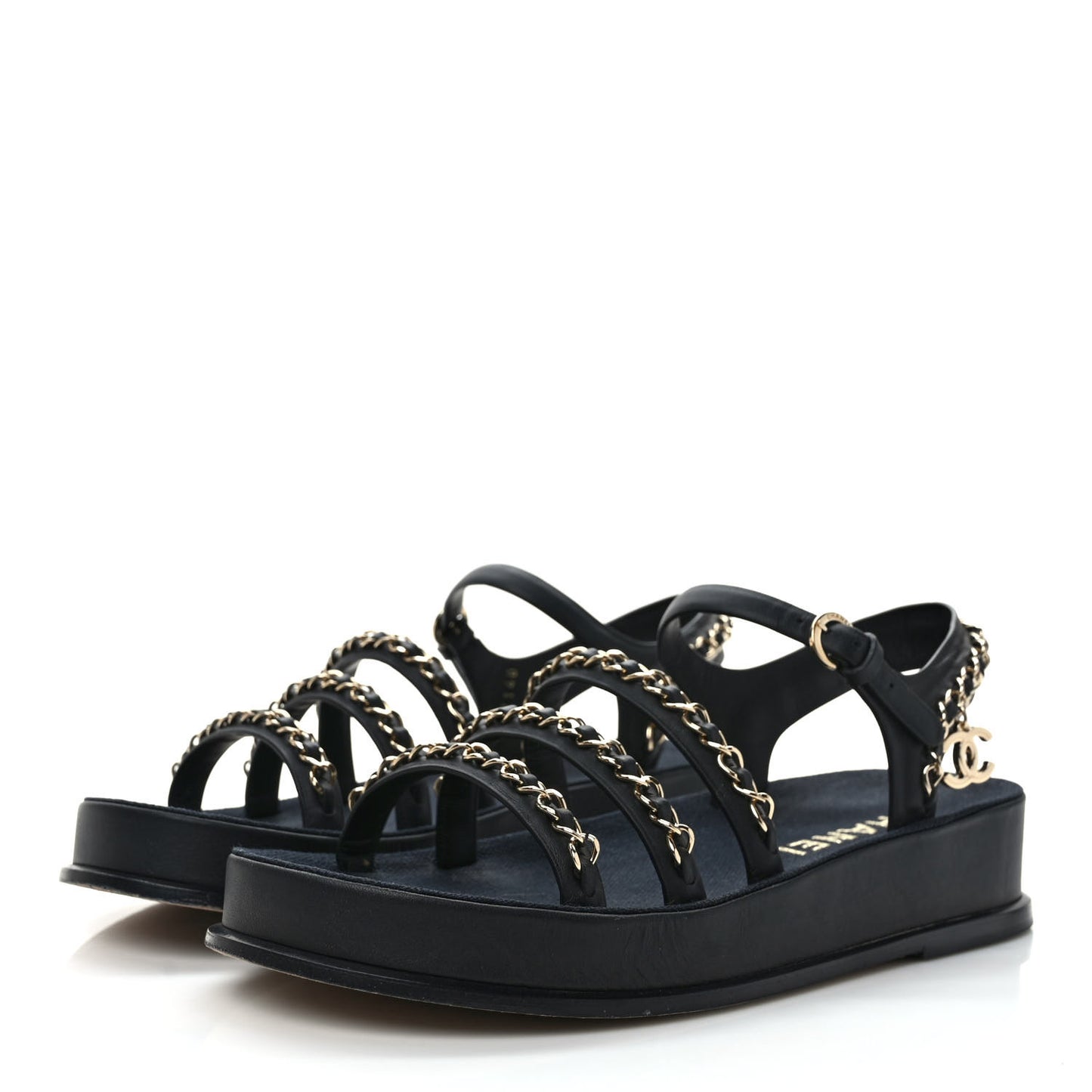 Calfskin Chain Platform Sandals 37 Black