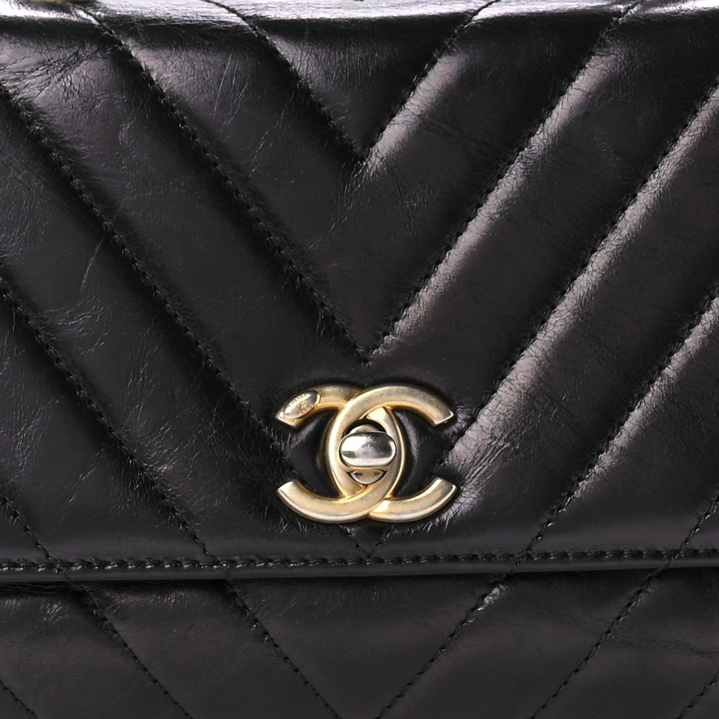 Aged Calfskin Chevron Quilted Mini Coco Handle Flap Black