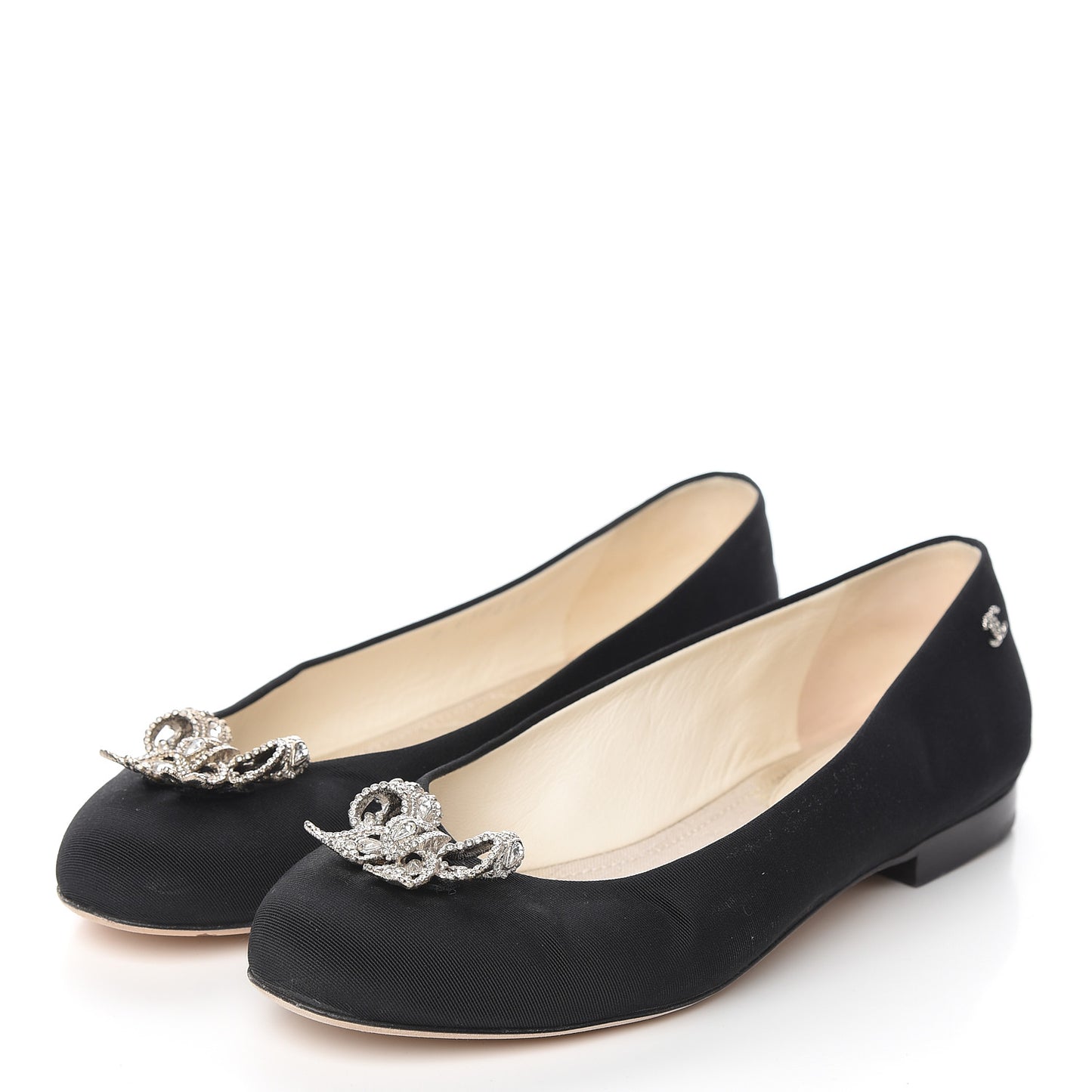 Grosgrain Crystal Bow Cap Ballet Flats 36.5 Black