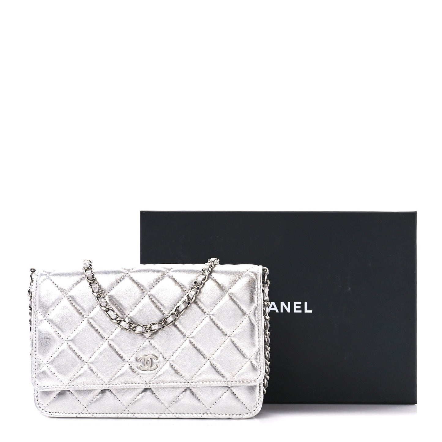 Metallic Lambskin Quilted Wallet On Chain WOC Silver