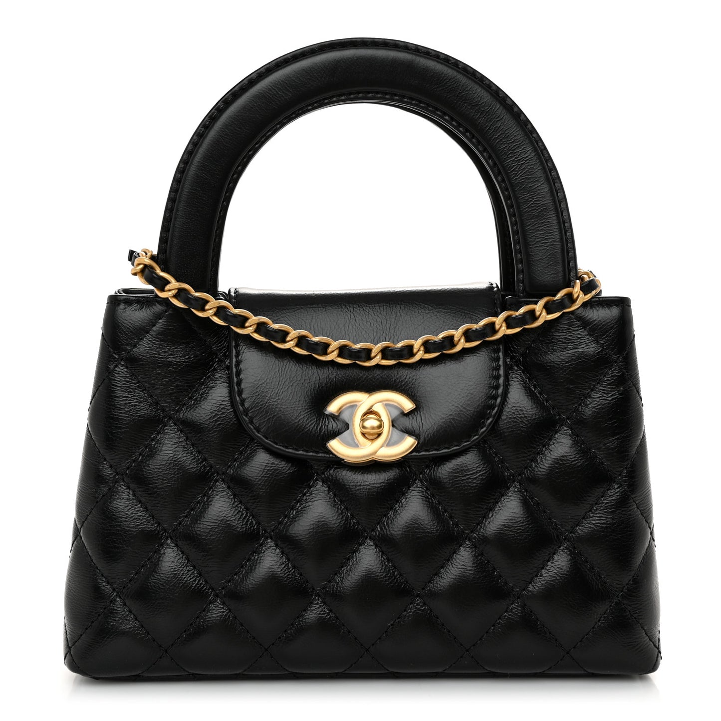 Shiny Aged Calfskin Quilted Nano Kelly Shopper Black