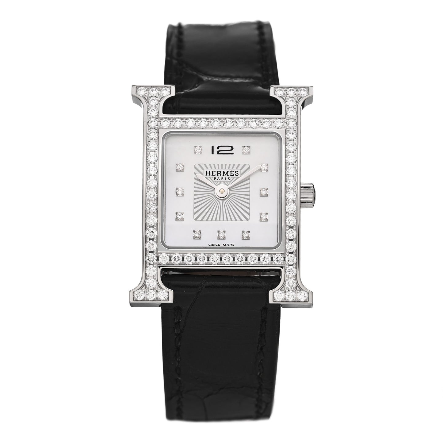 Stainless Steel Alligator Diamond Bezel Mother of Pearl 21mm Heure H Hour Quartz Watch Noir