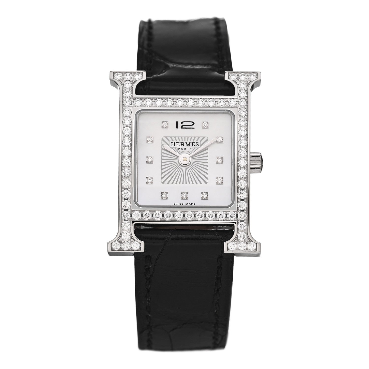 Hermes Stainless Steel Alligator Diamond Bezel Mother of Pearl 21mm Heure H Hour Quartz Watch Noir 1 of 5
