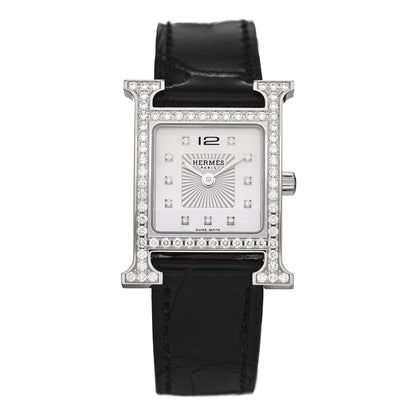 Hermes Stainless Steel Alligator Diamond Bezel Mother of Pearl 21mm Heure H Hour Quartz Watch Noir 1 of 5