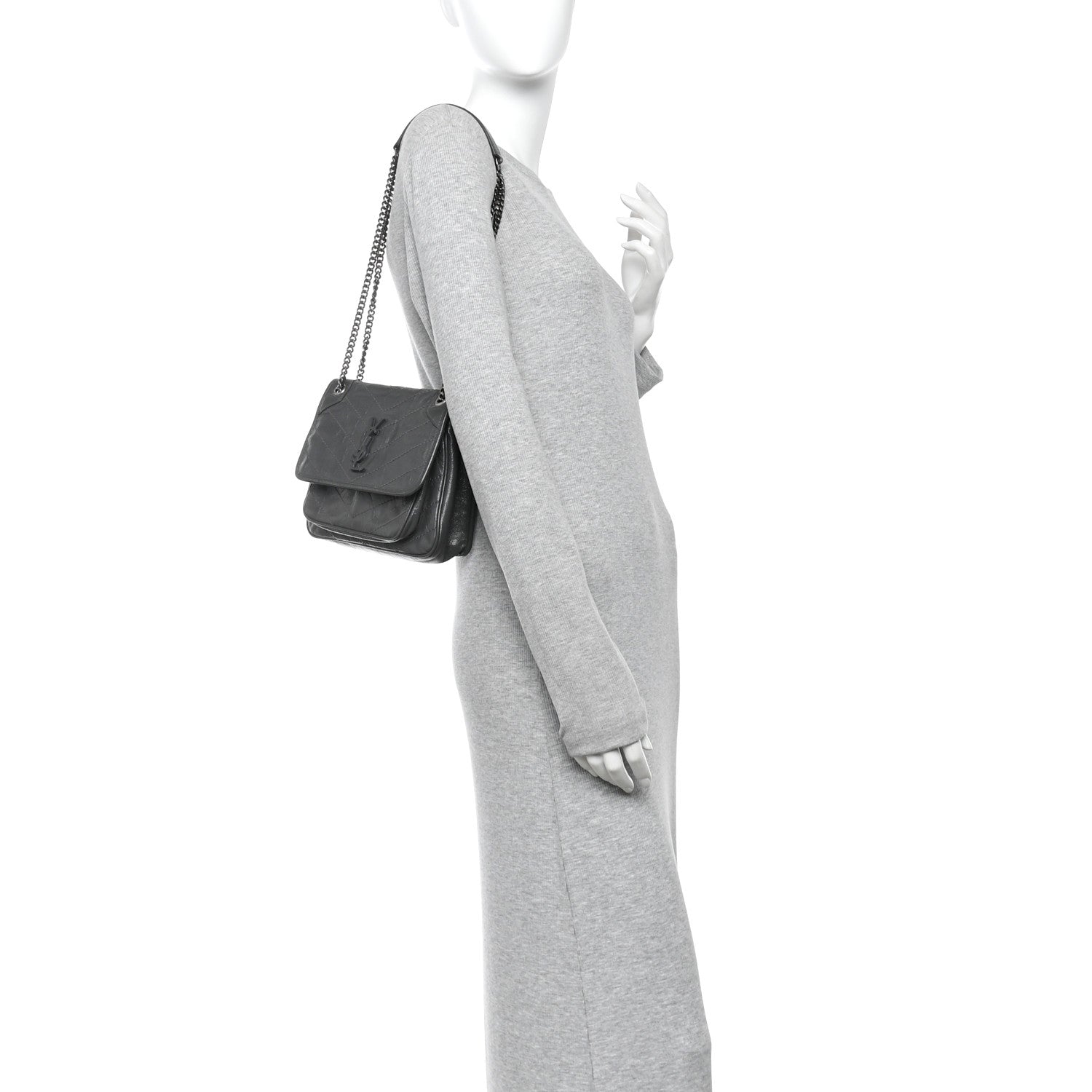 Saint Laurent Crinkled Calfskin Matelasse Monogram Baby Niki Chain Satchel Storm 2 of 11