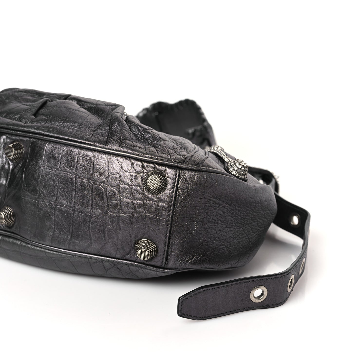 Metallic Calfskin Crocodile Embossed Crystal Small Le Cagole Shoulder Bag Gunmetal