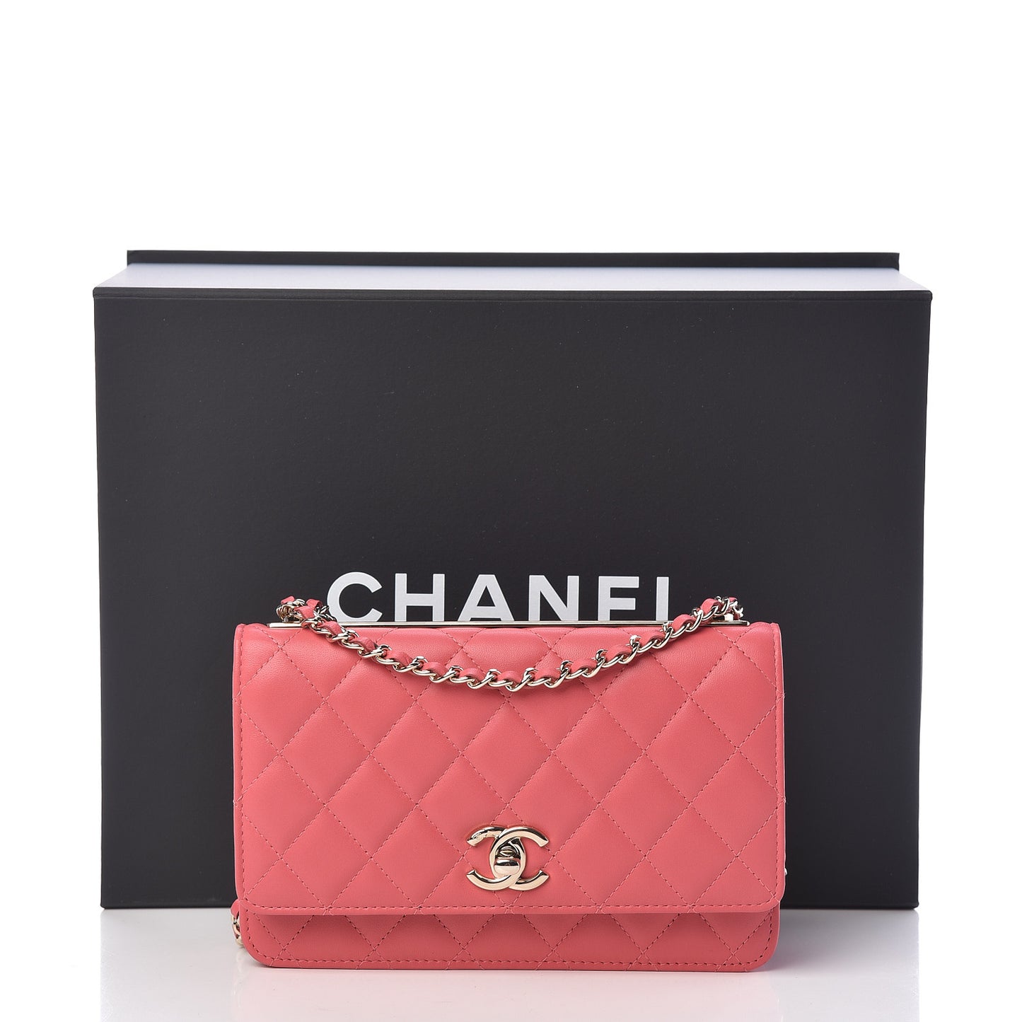 Lambskin Quilted Trendy CC Wallet On Chain WOC Bright Pink