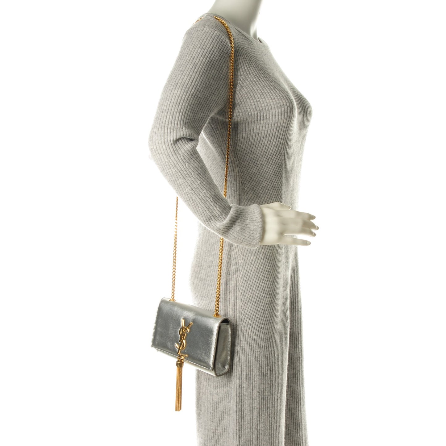 Metallic Lambskin Small Classic Monogram Kate Tassel Satchel Silver