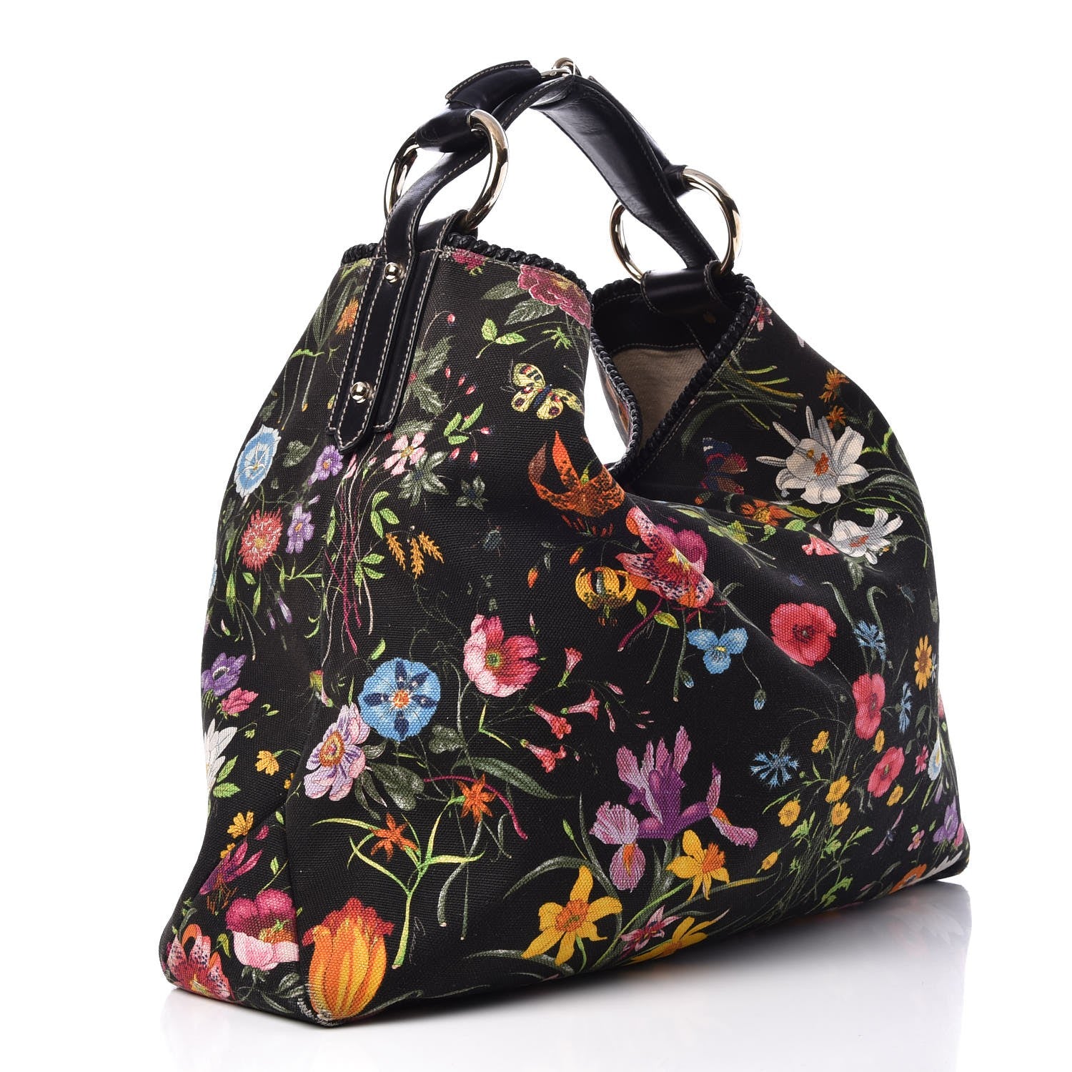 Gucci Canvas Flora Floral Large Horsebit Chain Hobo Black 3 of 11