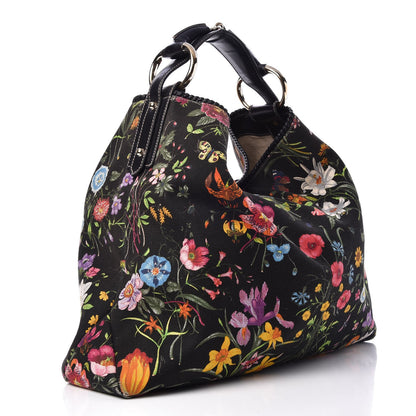 Gucci Canvas Flora Floral Large Horsebit Chain Hobo Black 3 of 11