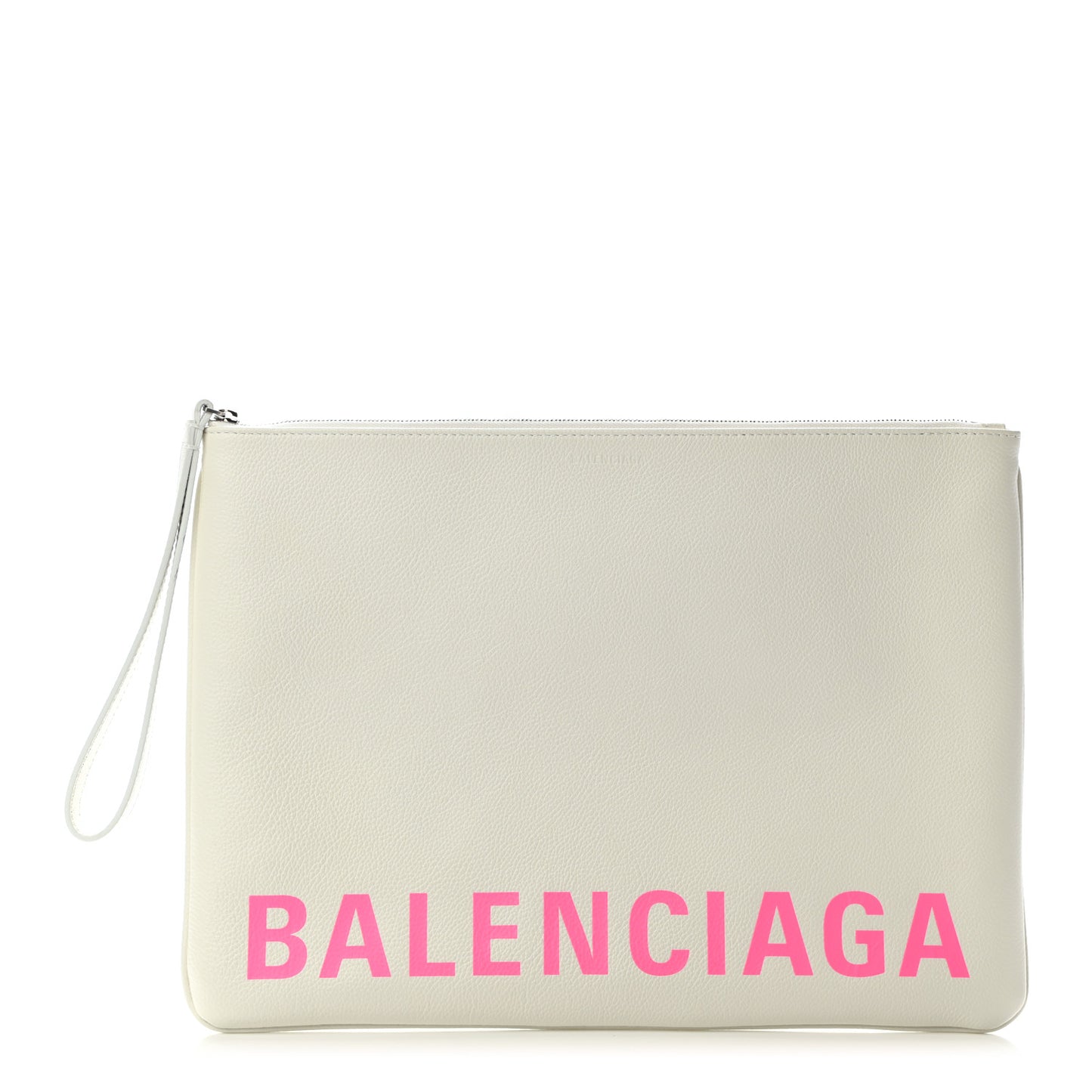 Grained Calfskin Logo Large Cash Pouch With Handle White Fluo Pink