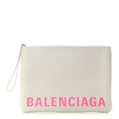 Balenciaga Grained Calfskin Logo Large Cash Pouch With Handle White Fluo Pink 1 of 7