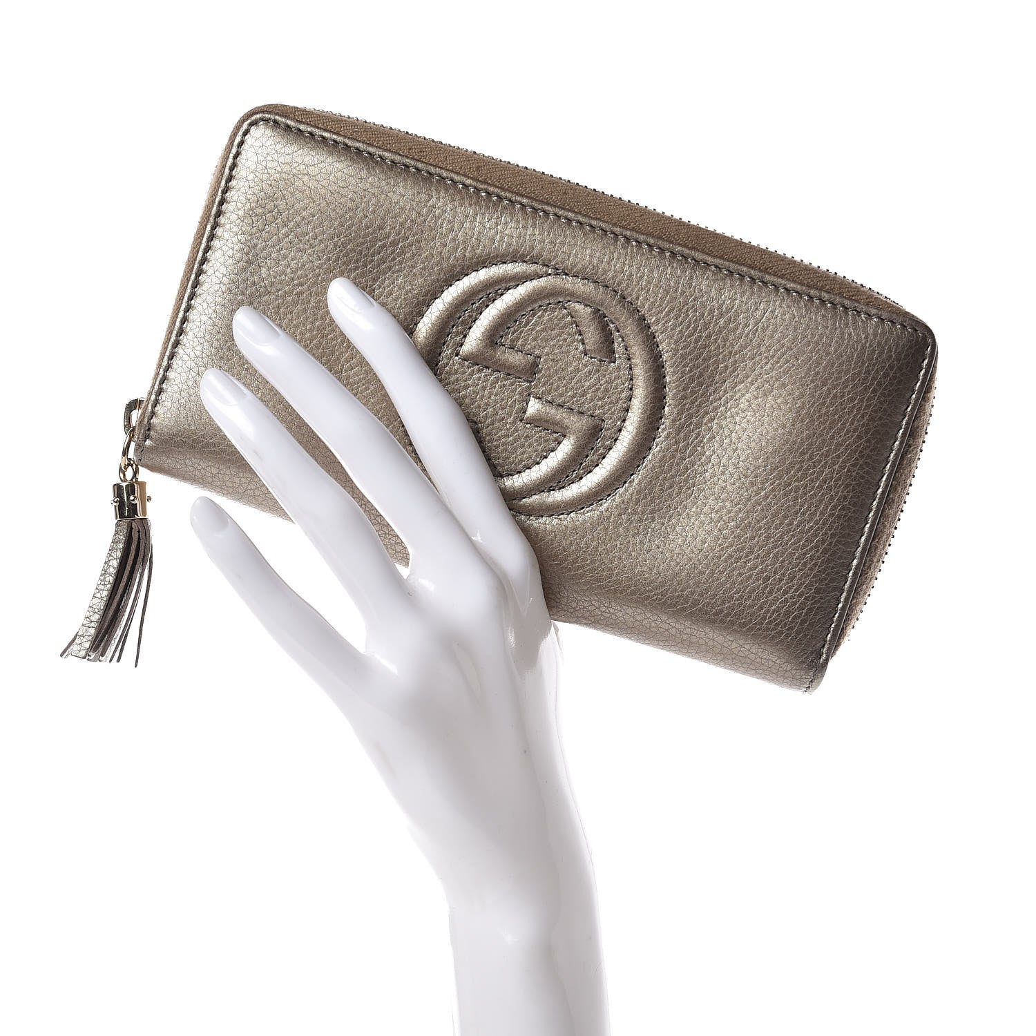 Gucci Metallic Pebbled Calfskin Soho Zip Around Wallet Golden Beige 2 of 9
