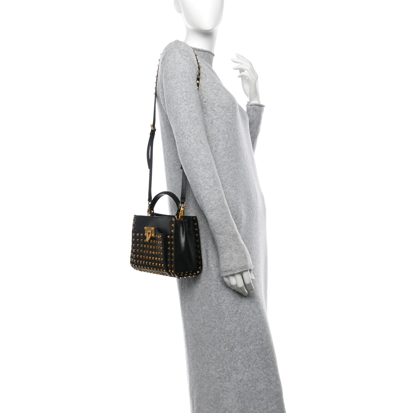 Grainy Calfskin Small Rockstud Allover Alcove Top Handle Tote Bag Black