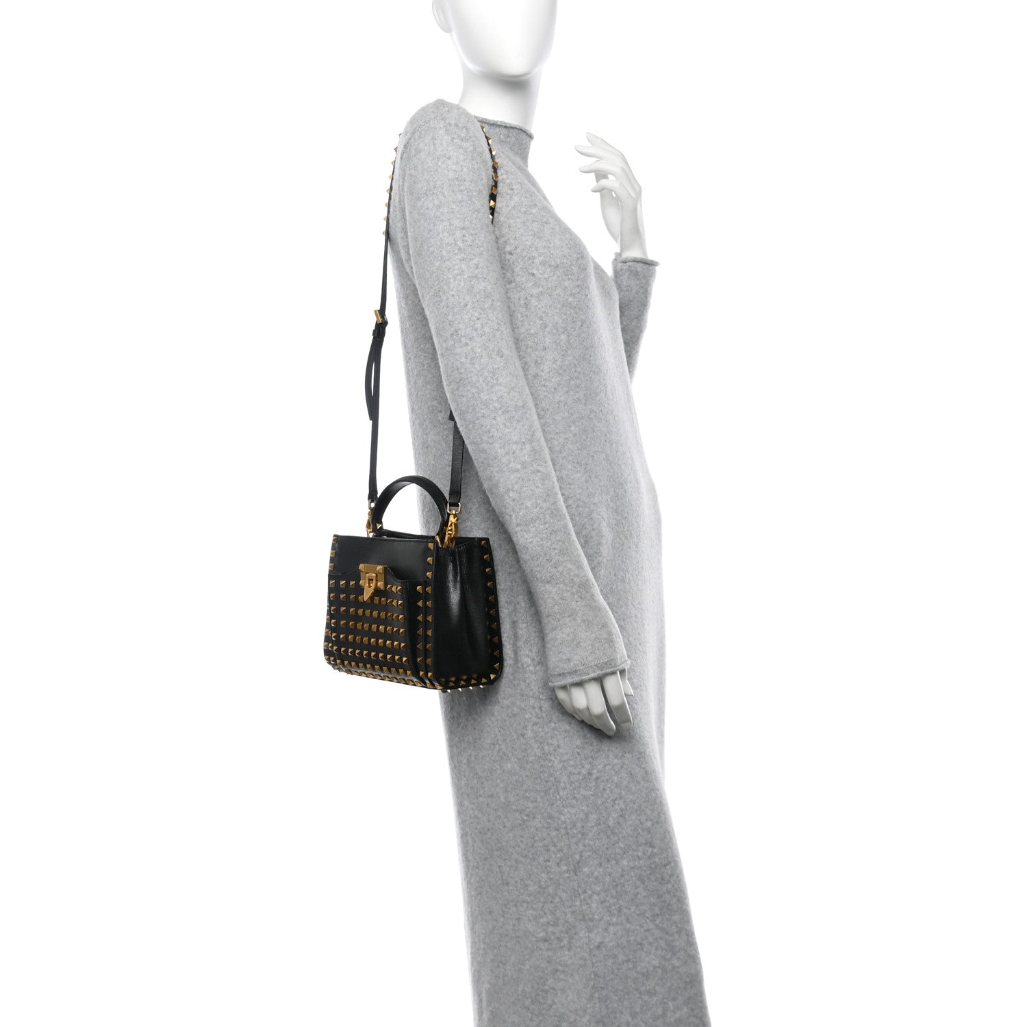 Valentino Garavani Grainy Calfskin Small Rockstud Allover Alcove Top Handle Tote Bag Black 2 of 9