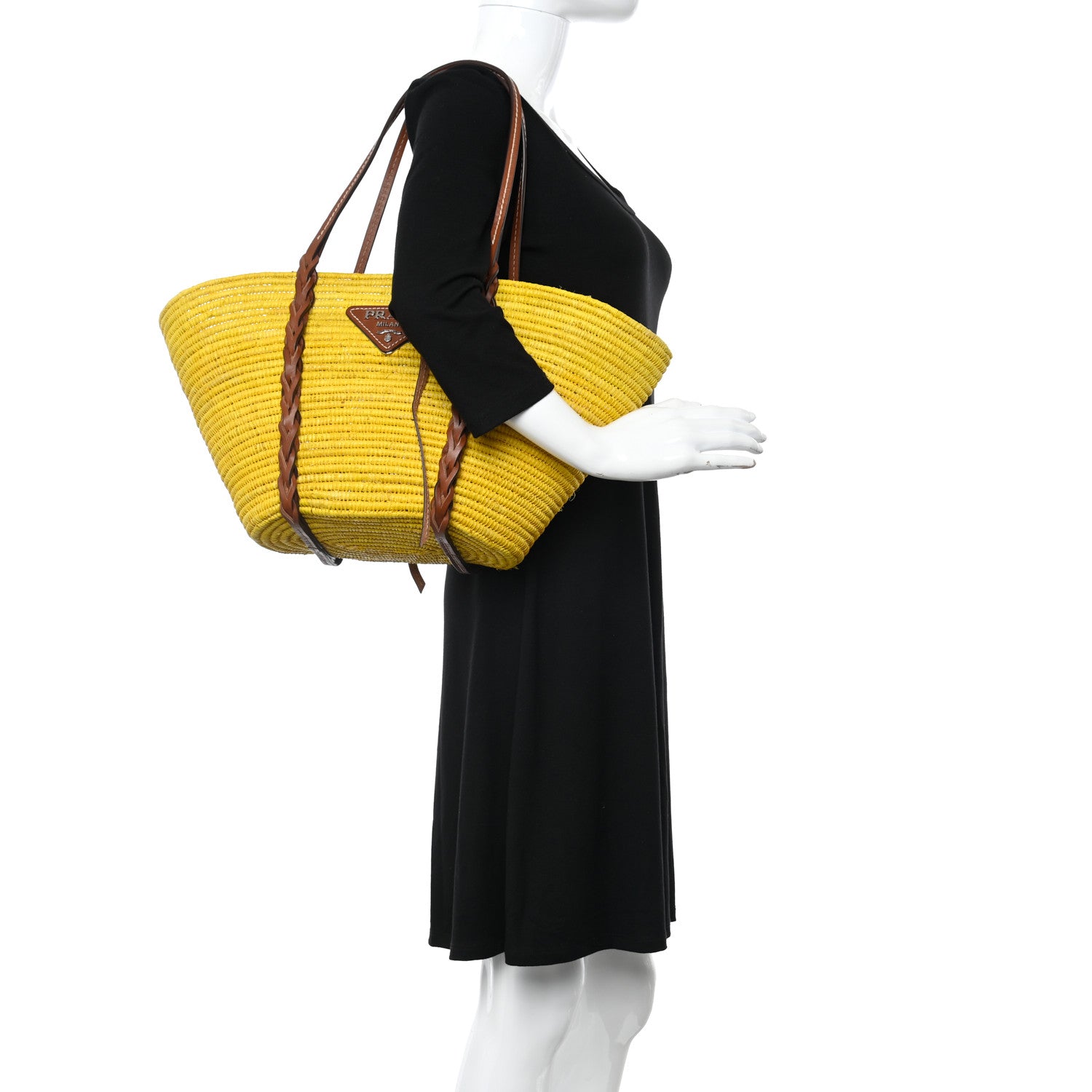 Prada Paglia Vitello Woven Braided Basket Tote Yellow Cognac 2 of 9