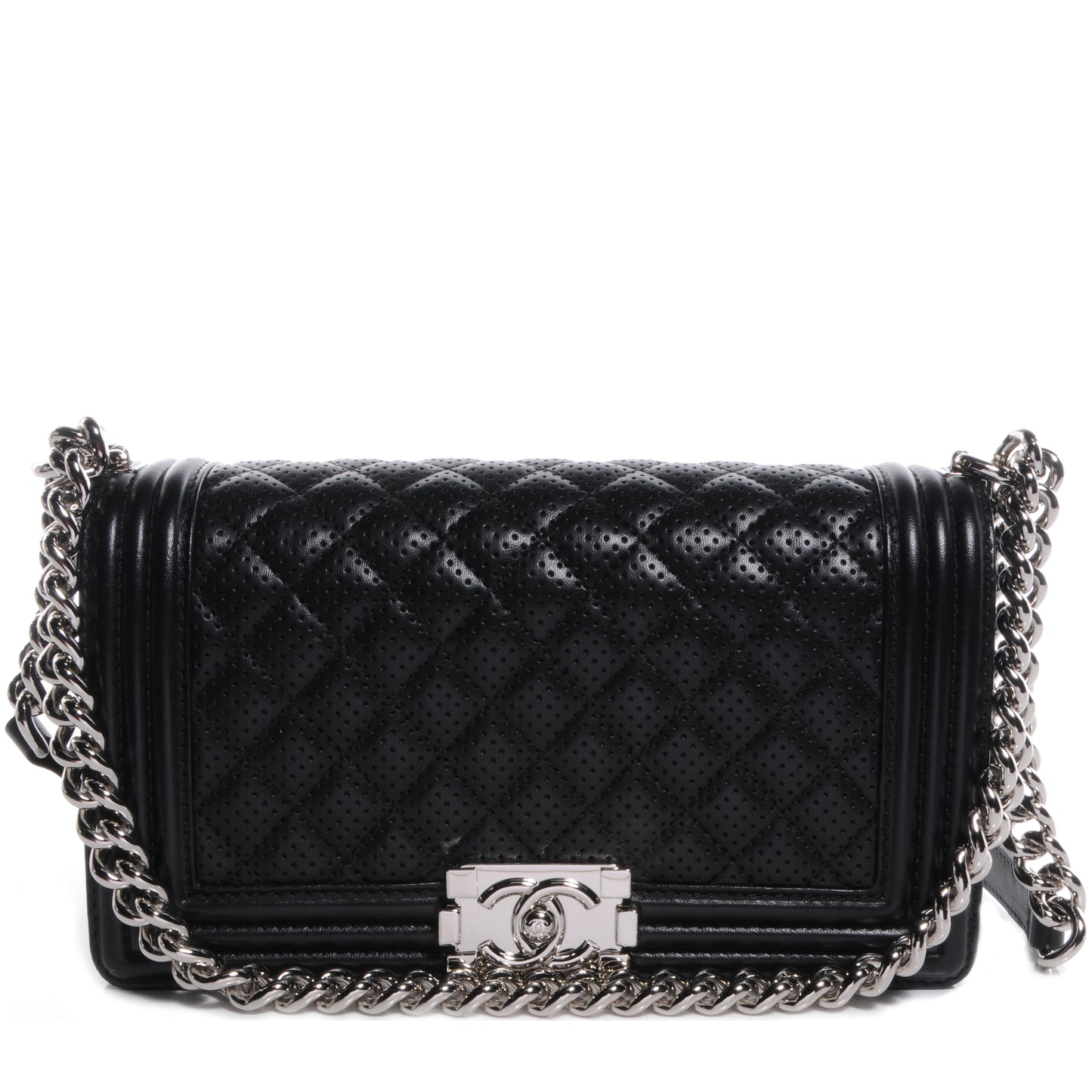 Perforated Lambskin Medium Boy Flap Black