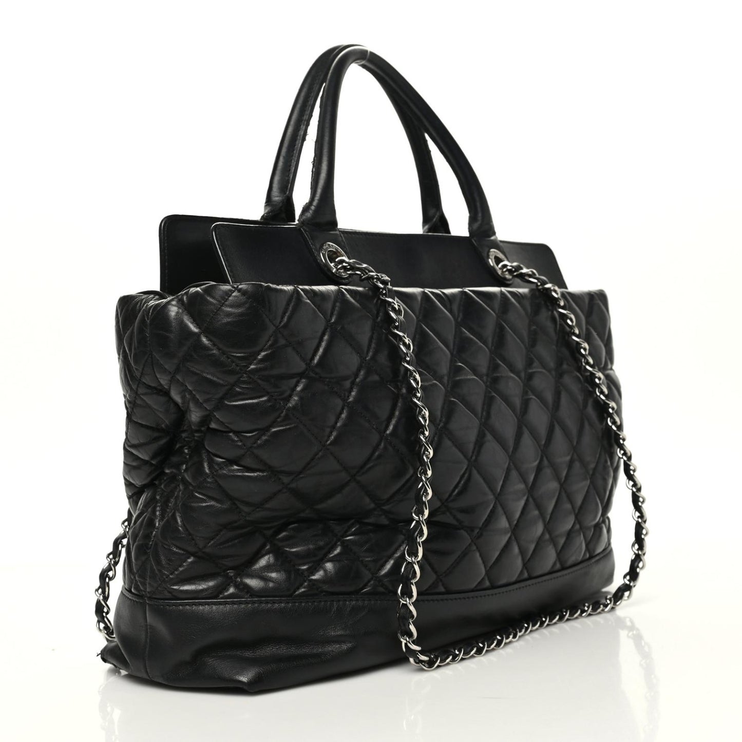 Aged Calfskin Quilted Be CC Tote Black