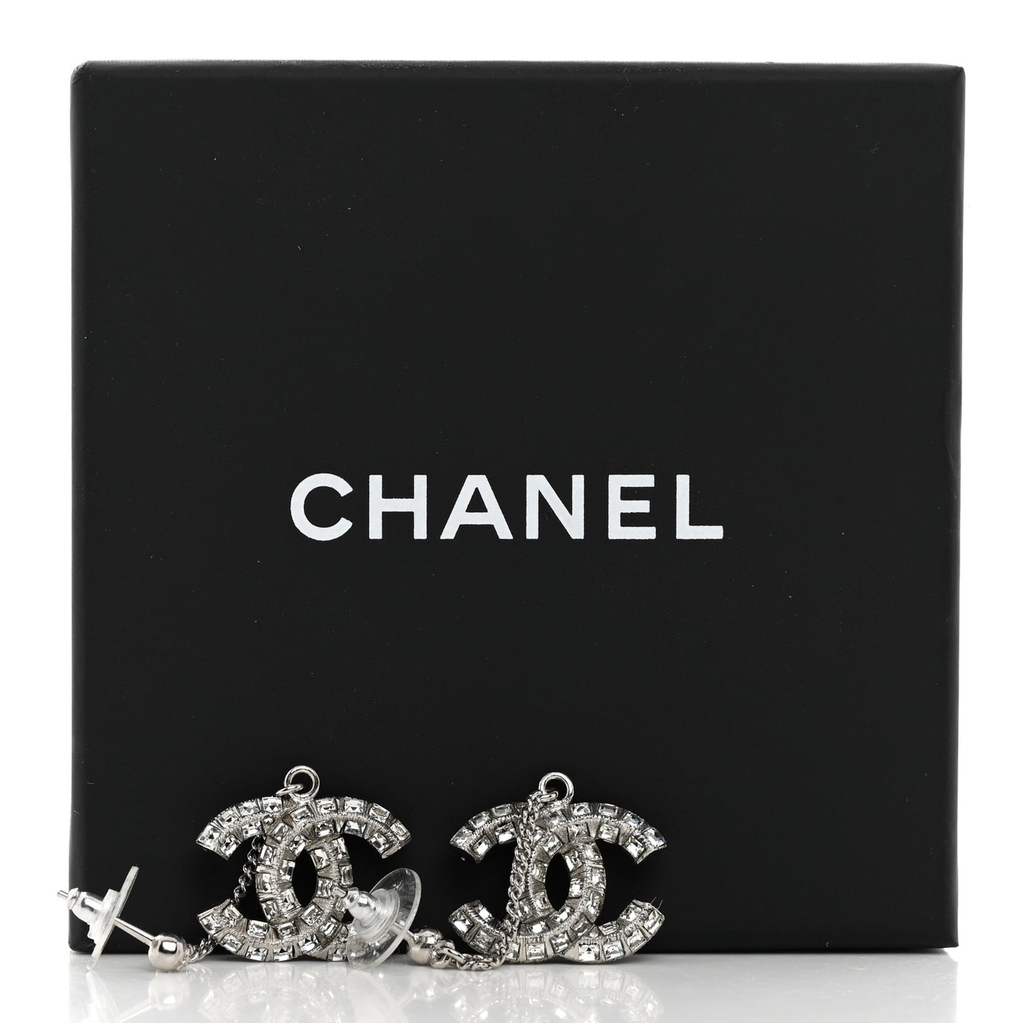 Baguette Crystal CC Drop Earrings Silver