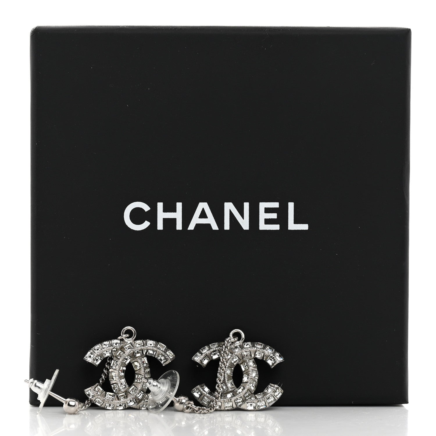 Chanel Baguette Crystal CC Drop Earrings Silver 5 of 5