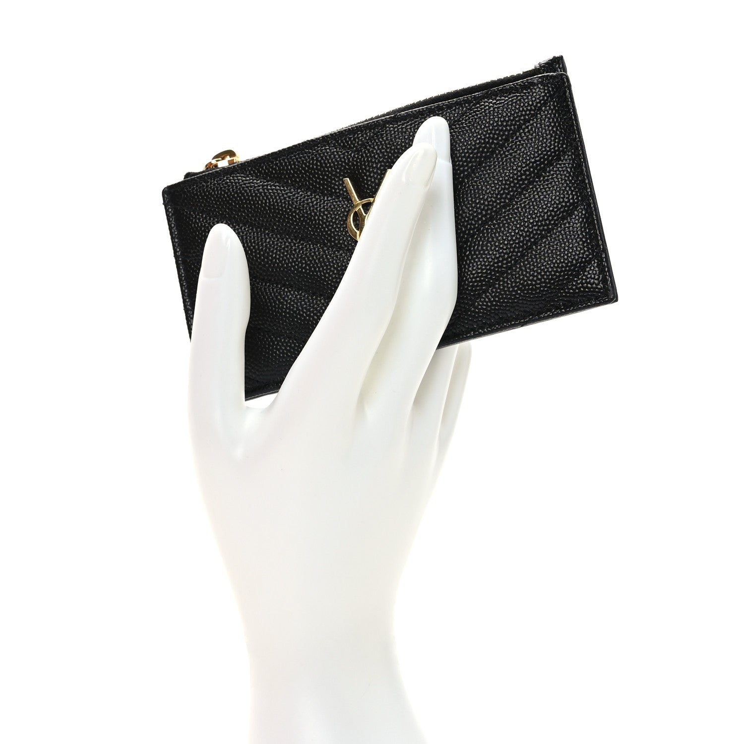 Saint Laurent Grain De Poudre Matelasse Chevron Monogram Fragments Zippered Card Case Black 2 of 7