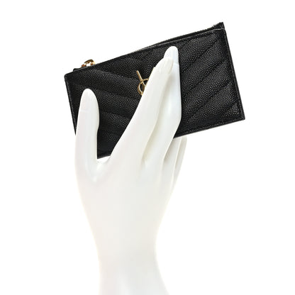 Saint Laurent Grain De Poudre Matelasse Chevron Monogram Fragments Zippered Card Case Black 2 of 7
