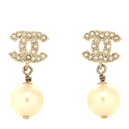 Chanel Crystal Pearl CC Drop Earrings Gold 1 of 5