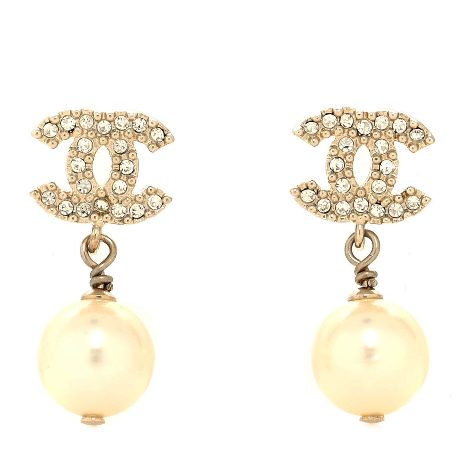 Chanel Crystal Pearl CC Drop Earrings Gold 1 of 5