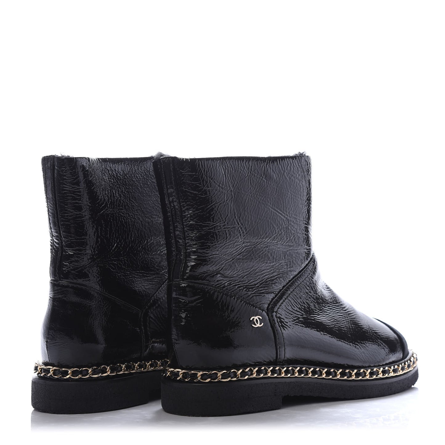 Crumpled Calfskin Shearling Womens Cap Toe Chain Short Boots 37.5 Black