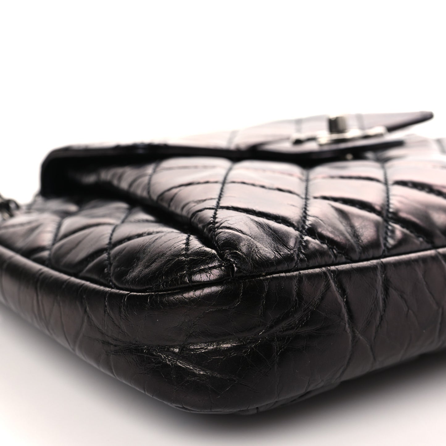 Glazed Calfskin Quilted Accordion Flap Black
